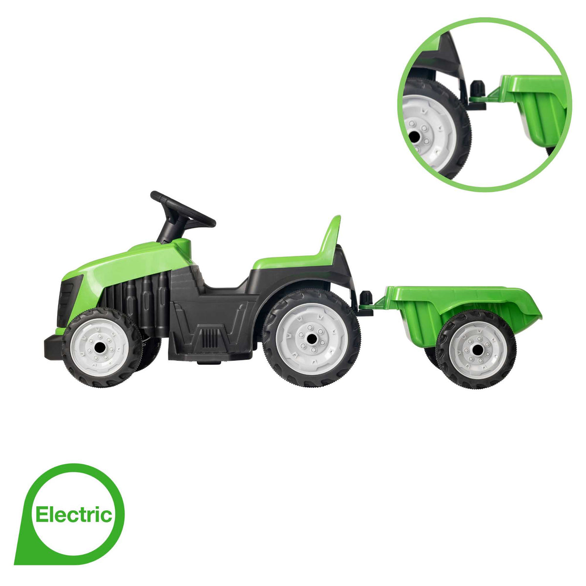 Electric green EVO Green Tractor &amp; Trailer Ride-On for 2-year-olds, featuring a realistic tractor design, detachable trailer, ergonomic seat, and easy-to-use controls for safe and fun farmyard adventures.