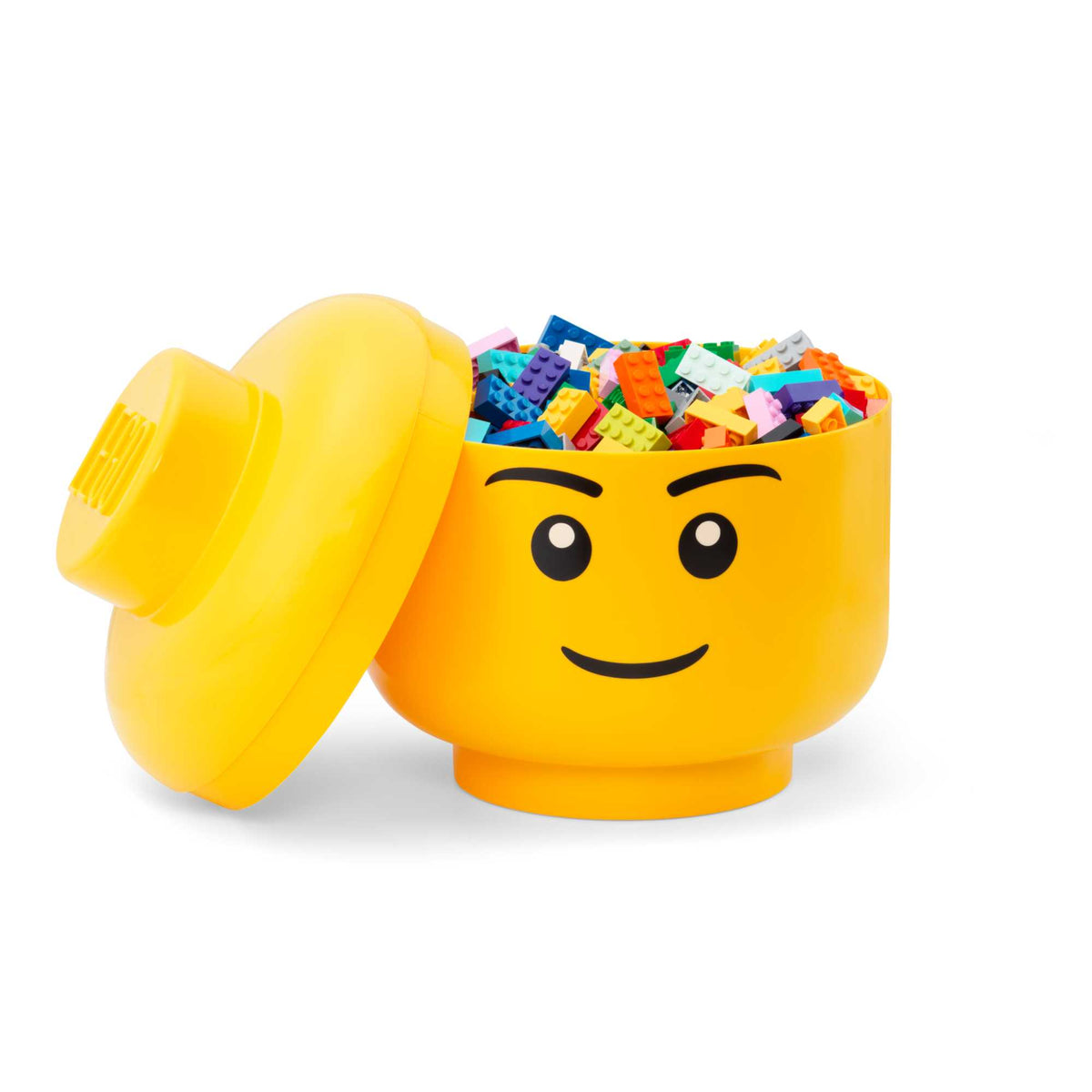 Large LEGO Storage Head – Yellow stackable container shaped like a classic LEGO minifigure head with removable lid, ideal for organizing bricks, toys, and accessories in kids&#39; rooms or play areas.