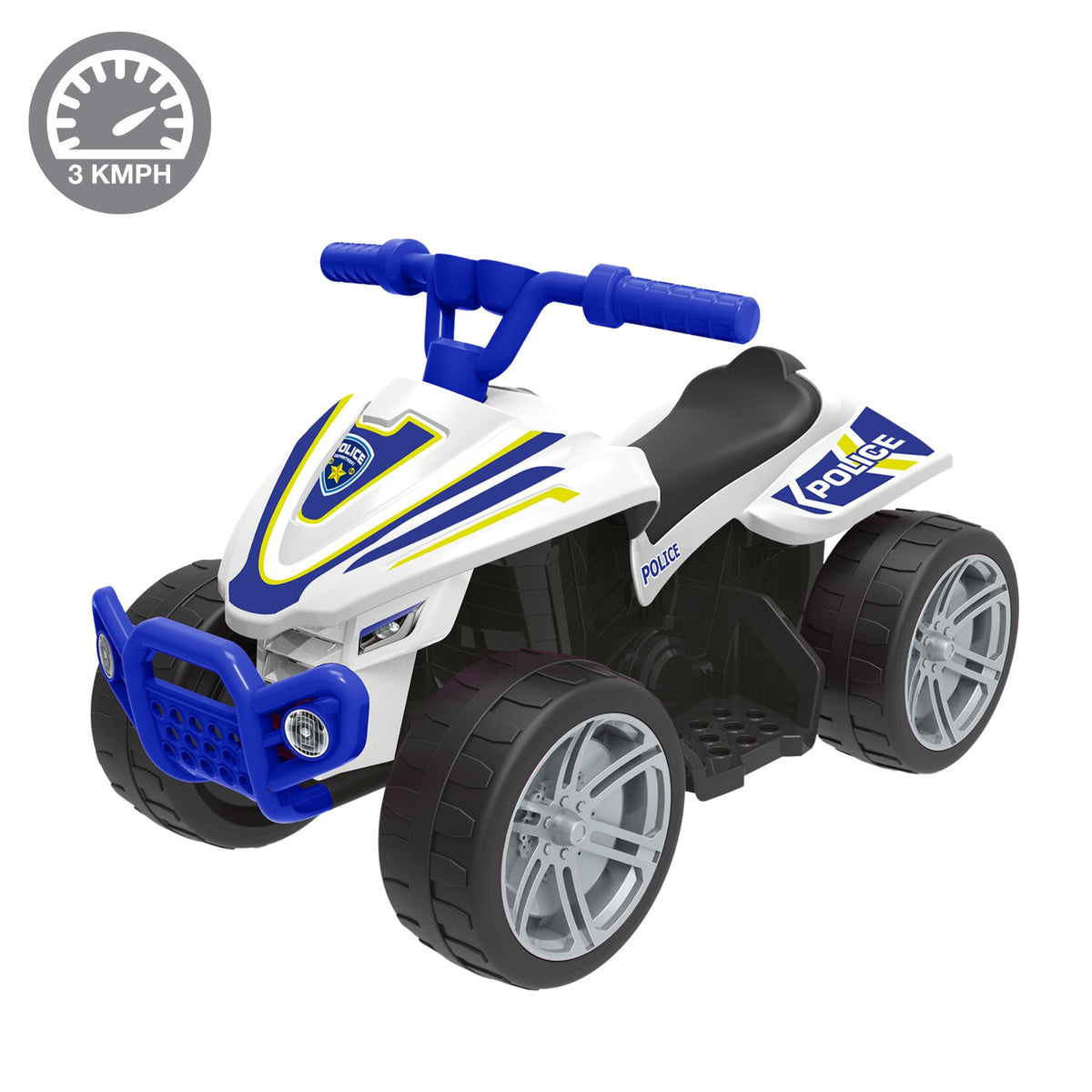 EVO 6V Police Quad Electric Ride-On with realistic police decals, working lights, and durable four-wheel design, perfect for adventurous and imaginative play for kids.