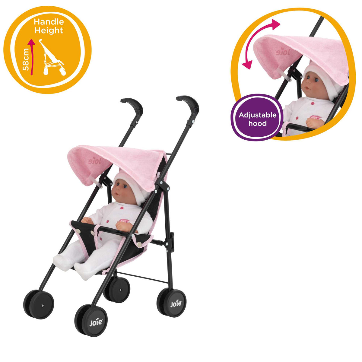 Stylish and compact toy pushchair designed for dolls, featuring a lightweight frame, easy-to-manoeuvre wheels, and a comfortable handle. Perfect for children to take their favourite dolls on the go, with a sleek and modern design.