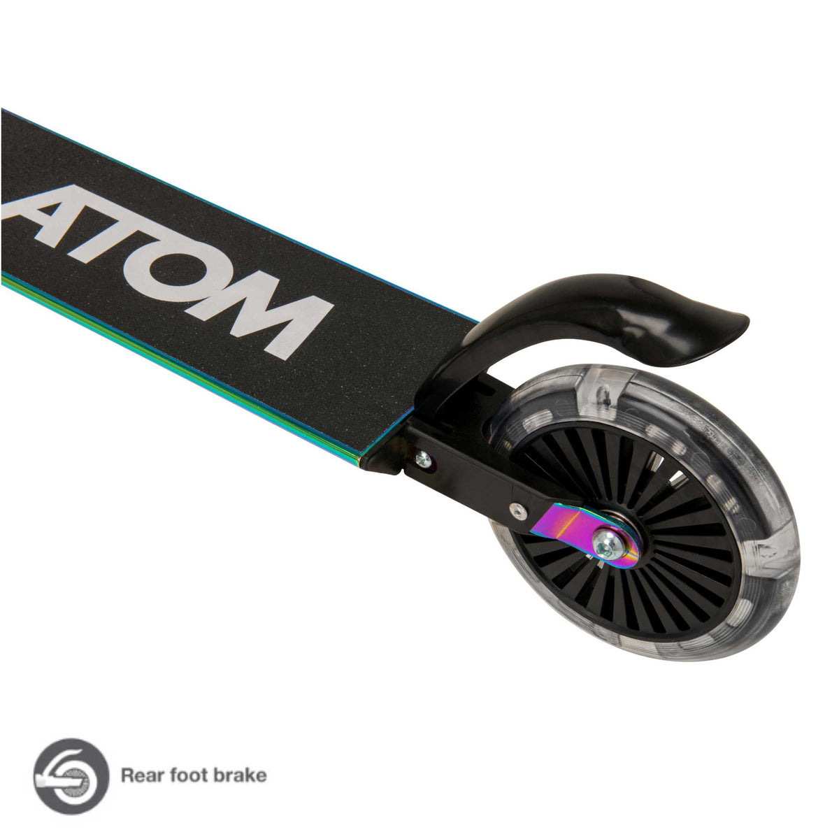 ATOM Inline Children&#39;s Kick Scooter in bright colours, designed for kids with a sturdy frame, adjustable handlebars, and smooth-rolling wheels, perfect for outdoor fun and active play.