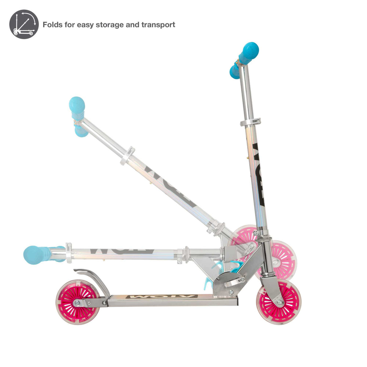 ATOM Inline Children&#39;s Kick Scooter in bright colours, designed for kids with a sturdy frame, adjustable handlebars, and smooth-rolling wheels, perfect for outdoor fun and active play.