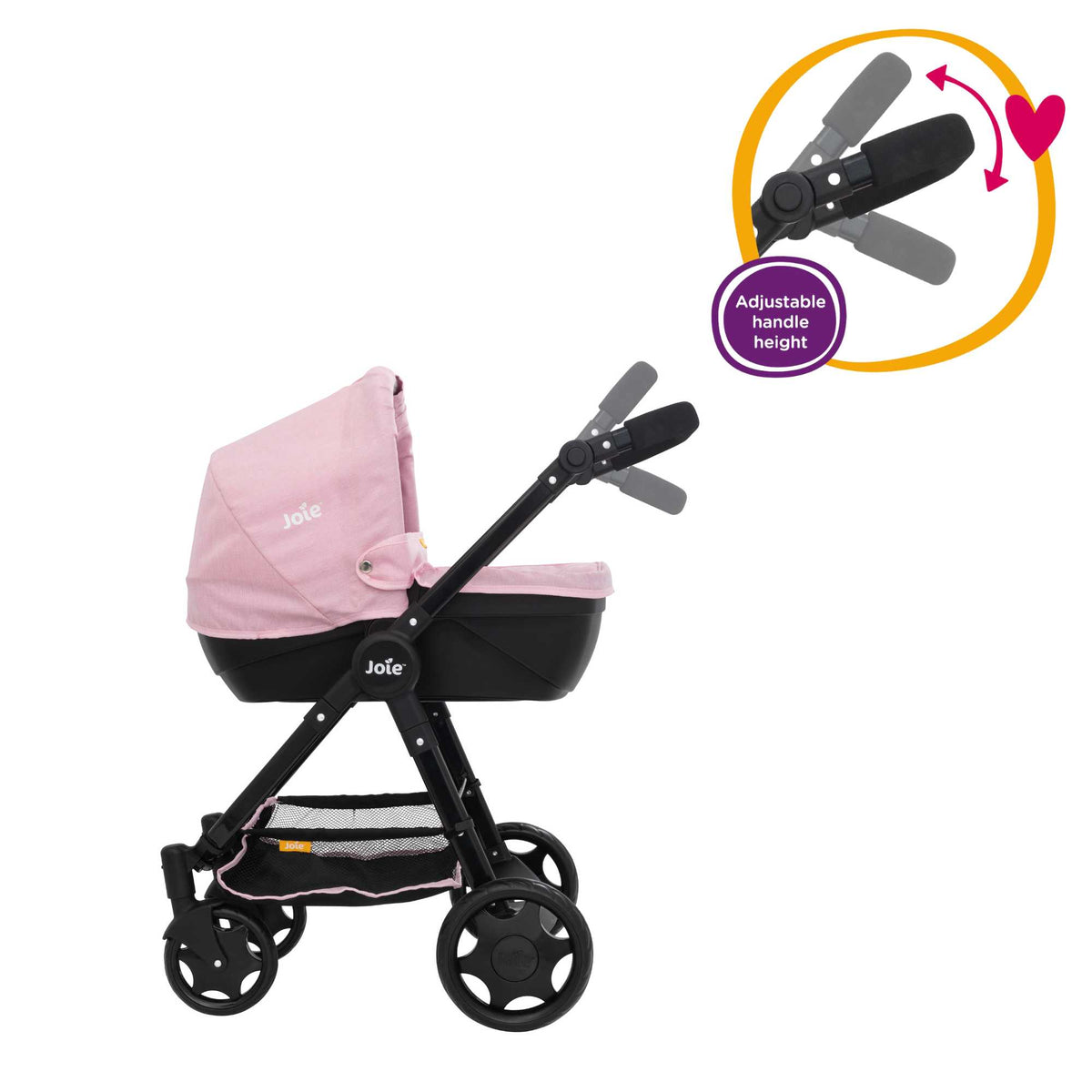 Joie Mytrax Dolls Pram in pink and black, featuring a realistic design with adjustable handle height, swivel wheels, and a large storage basket, ideal for children to take their dolls on walks and play pretend.