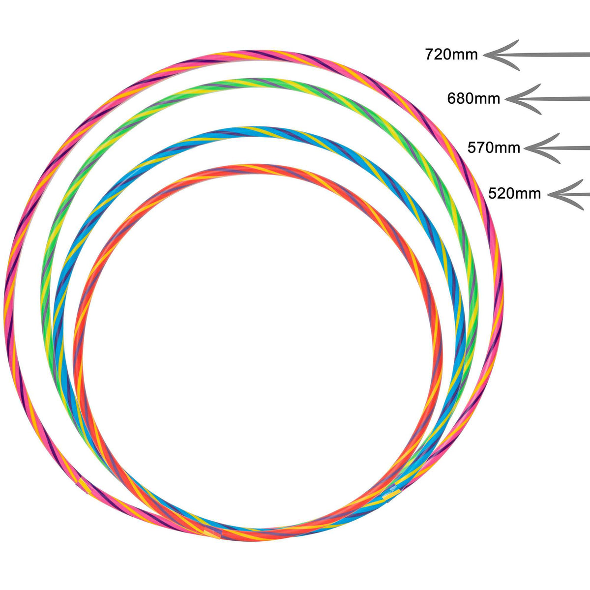 4 Pack of Rainbow Hula Hoops, colorful and durable, perfect for outdoor fun and exercise for kids and adults.