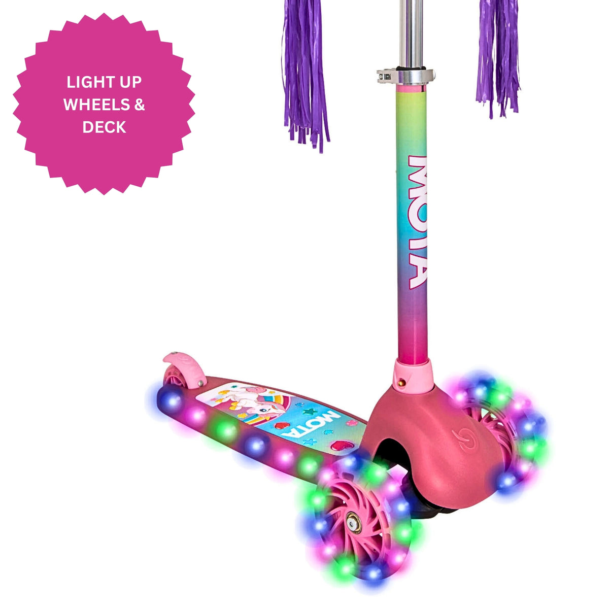 ATOM Eclipse Unicorn Light-Up Scooter for Kids – 3-Wheel LED Scooter with Flashing Deck and Colourful Wheels for Ages 5+.