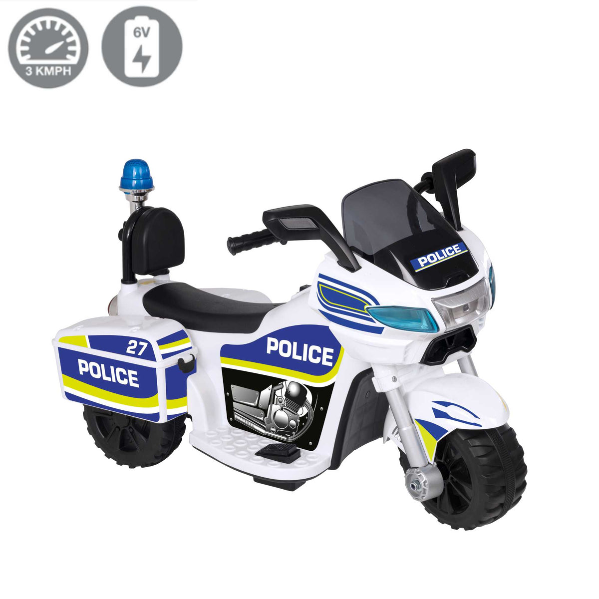 EVO Police Sport Bike Ride On for ages 2+, featuring a realistic police bike design with flashing lights and authentic sounds, durable frame, wide stable wheels, and easy-grip handles for safe and exciting outdoor play.