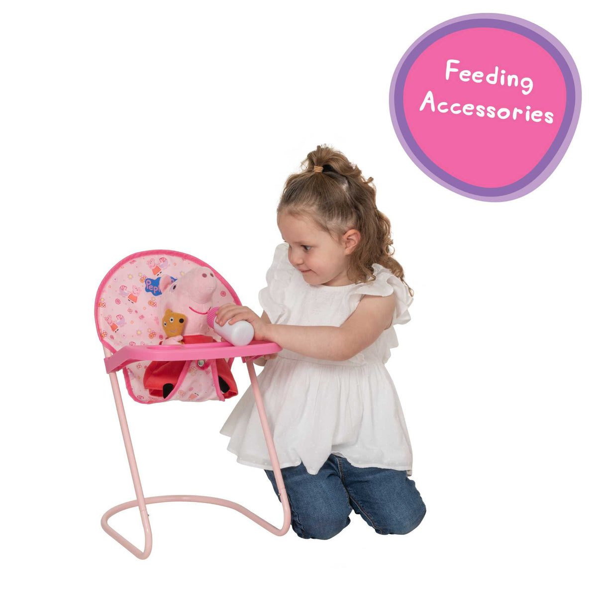 Peppa Pig Nursery Bundle - 7 Piece Playset: A colourful Peppa Pig-themed toy set including a high chair, stroller, Feeding set, perfect for toddlers&#39; imaginative play and doll care.