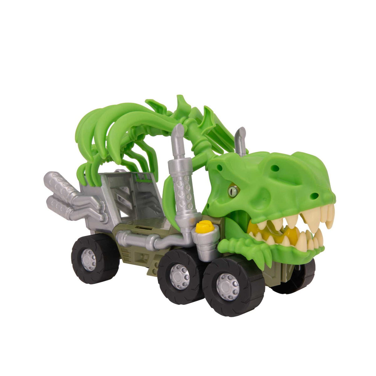 Teamsterz Beast Machine T-Rex Rib Cage Car Transporter Toy with light-up yellow eyes, chomping jaw, rear ramp, and car-holding rib cage.