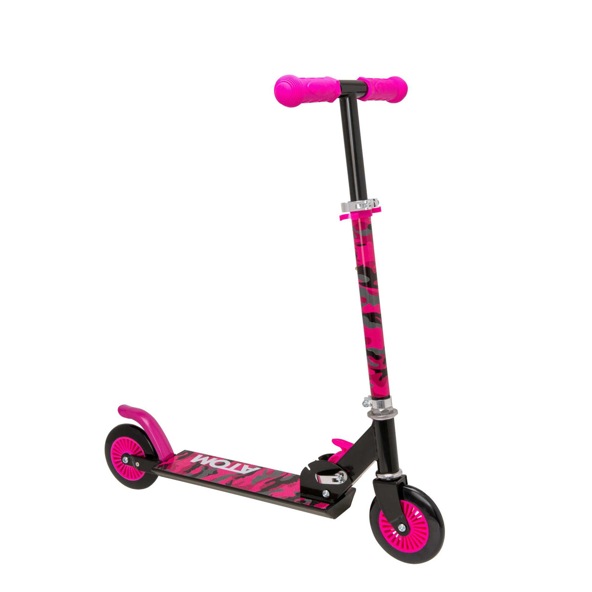 ATOM Inline 2-wheeled children&#39;s scooter in a stylish pink camouflage theme, featuring a durable design, eye-catching camouflage patterns, and a trendy look ideal for young riders