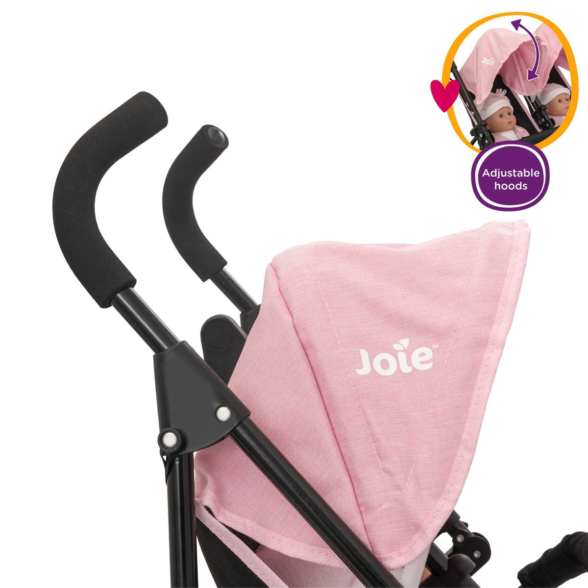 Joie Aire Twin Dolls Stroller in pink and black, designed with side-by-side seating for two dolls, adjustable handle height, swivel wheels, and a large storage basket, ideal for children to enjoy twin doll outings.