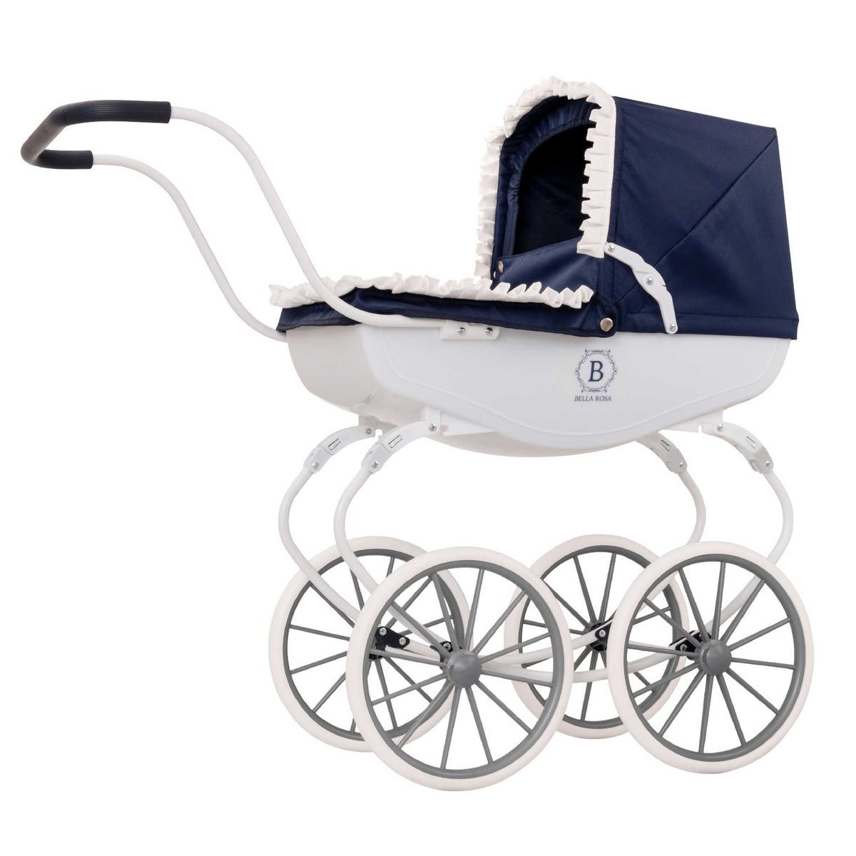 Bella Rosa Windsor Dolls Carriage Pram - Navy &amp; White - Elegant navy and white pram designed for dolls, combining classic style with functionality to enhance imaginative play for children.