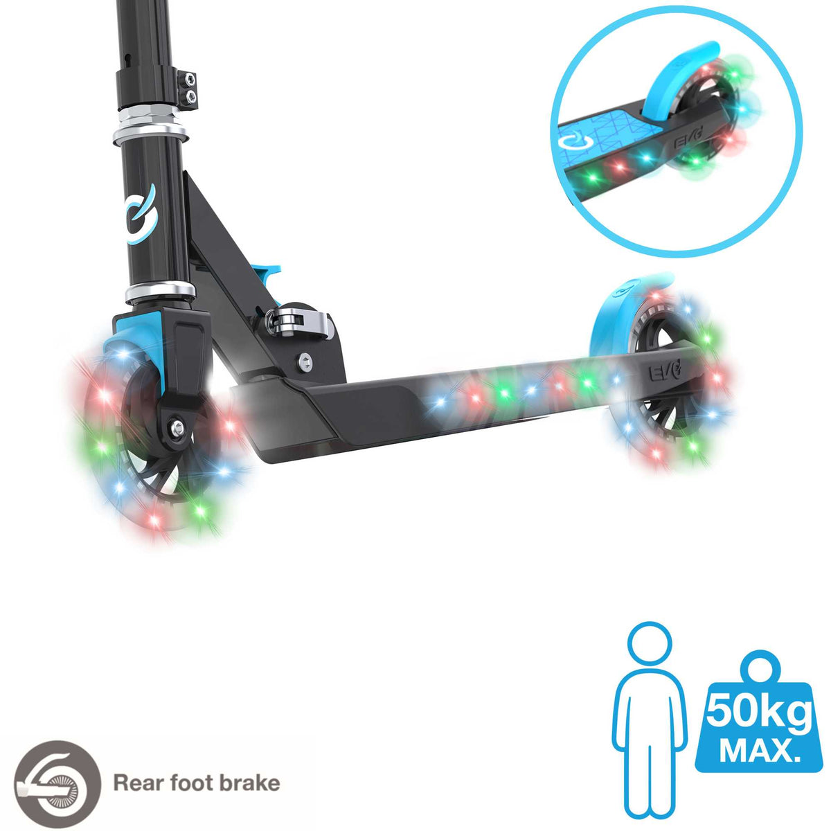 EVO Children&#39;s Light Up Light Blast Scooter for Kids Ages 5 and Up with LED Wheels and Adjustable Handlebar , perfect for enhancing motor skills and outdoor fun.