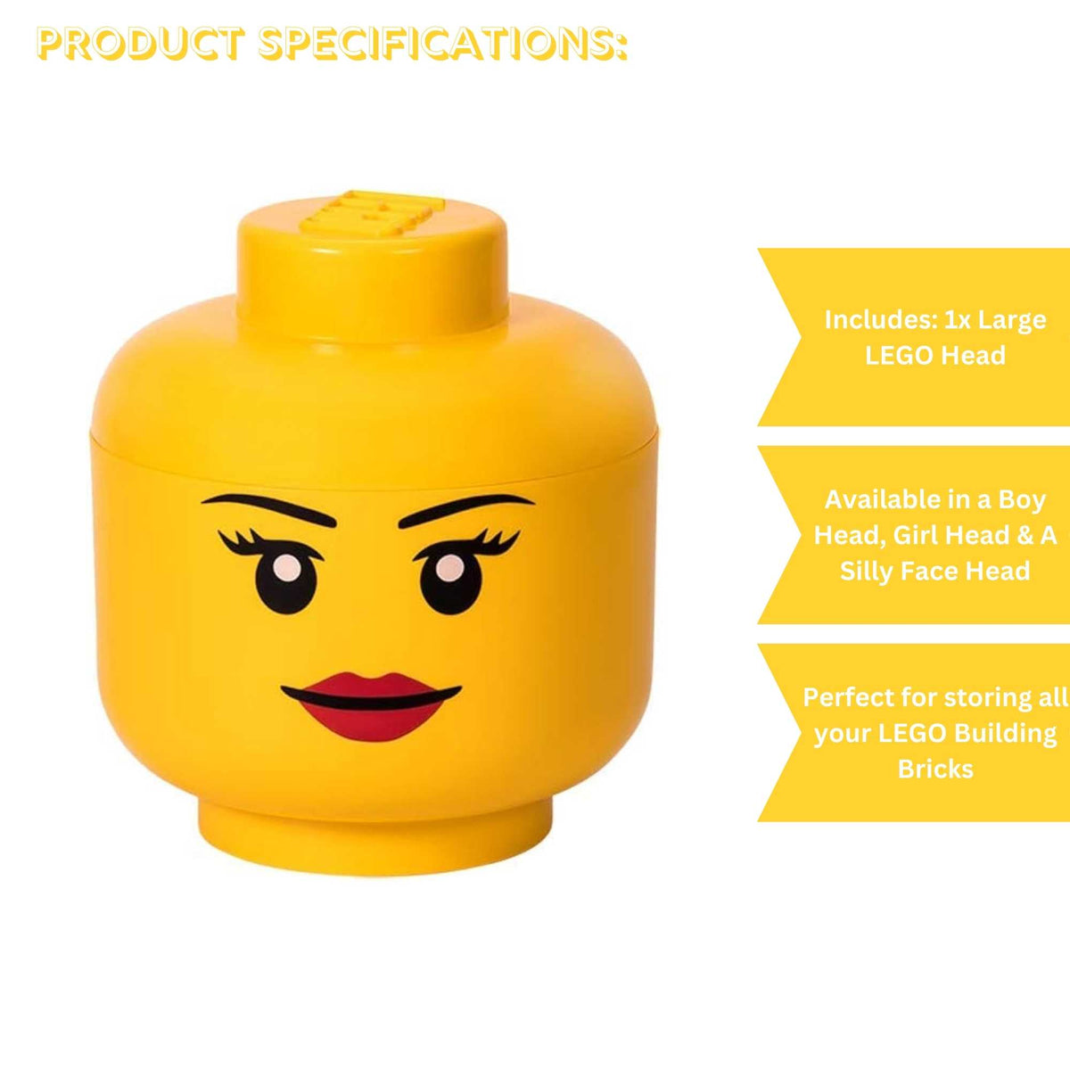 Large LEGO Storage Head – Yellow stackable container shaped like a classic LEGO minifigure head with removable lid, ideal for organizing bricks, toys, and accessories in kids&#39; rooms or play areas.