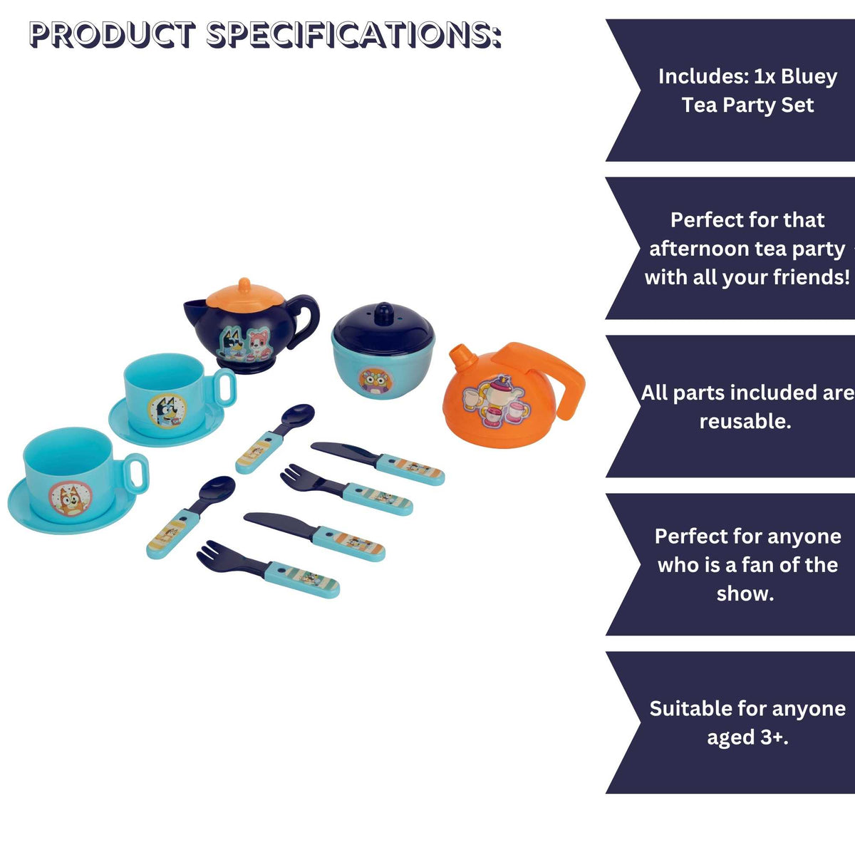 Bluey Tea Party Set for Kids – 11 Piece Pretend Play Set with Cups, Saucers, Teapot, Kettle, Cutlery, and Sugar Pot, Durable Plastic Play Set for Toddlers and Pre-schoolers