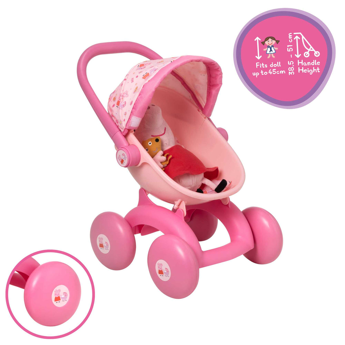 Peppa Pig 4-IN-1 My First Pram: A pink and white toy pram featuring Peppa Pig graphics, designed for toddlers with four versatile play modes, perfect for imaginative play and doll carrying.