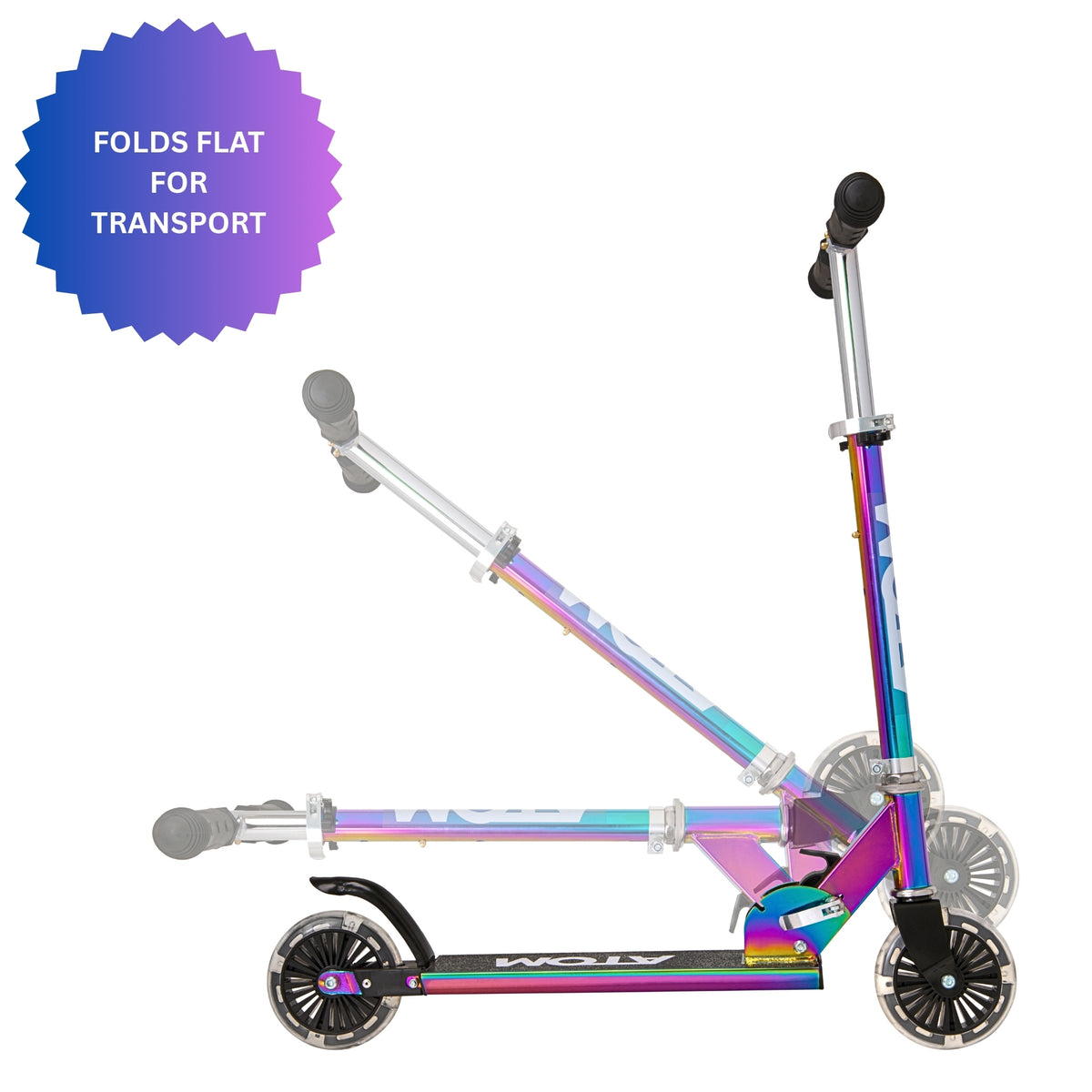 ATOM Light-Up Inline Scooter in Neochrome – Kids 2-Wheel Folding Scooter with LED Flashing Wheels and Adjustable Handlebar for Ages 5+