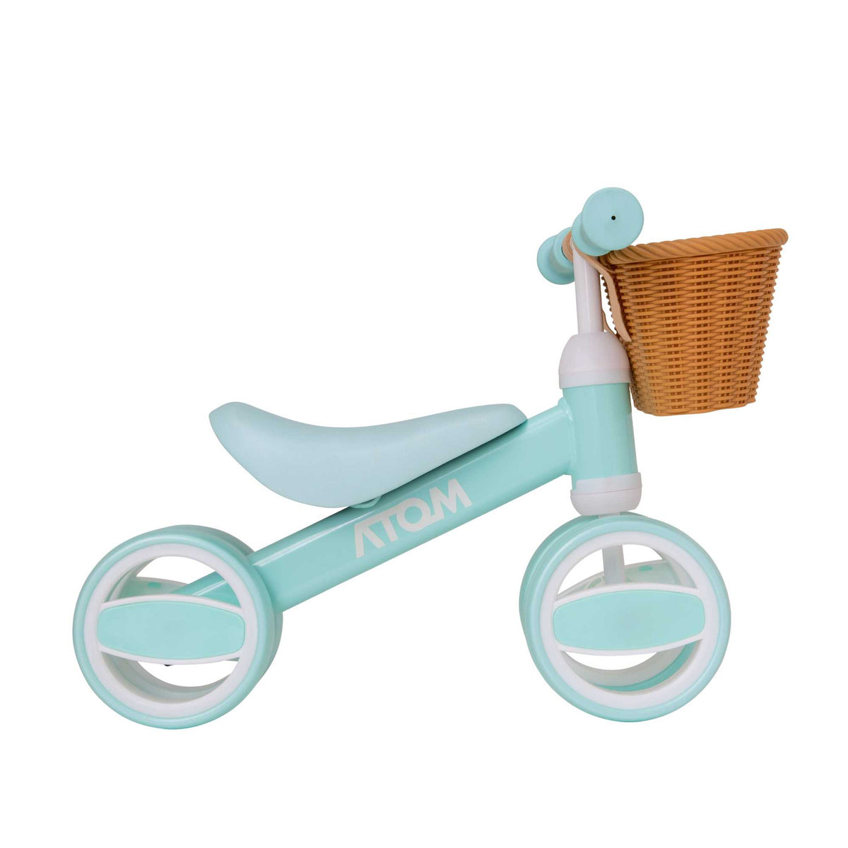 Atom Bobble Bike with Basket in Mint Green, charming children&#39;s bicycle with front basket. Perfect Balance Bike for training.