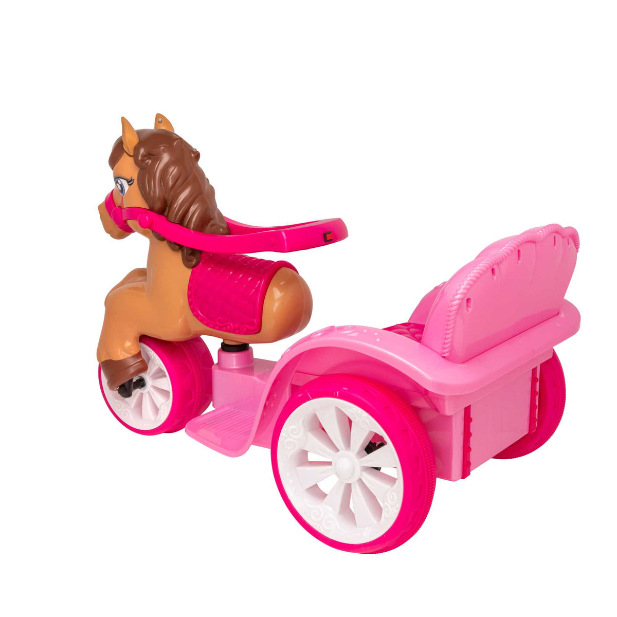 A whimsical EVO Electric Pony Carriage Ride-On Toy. The toy is shown in an outdoor garden setting, highlighting its enchanting design and sturdy construction.