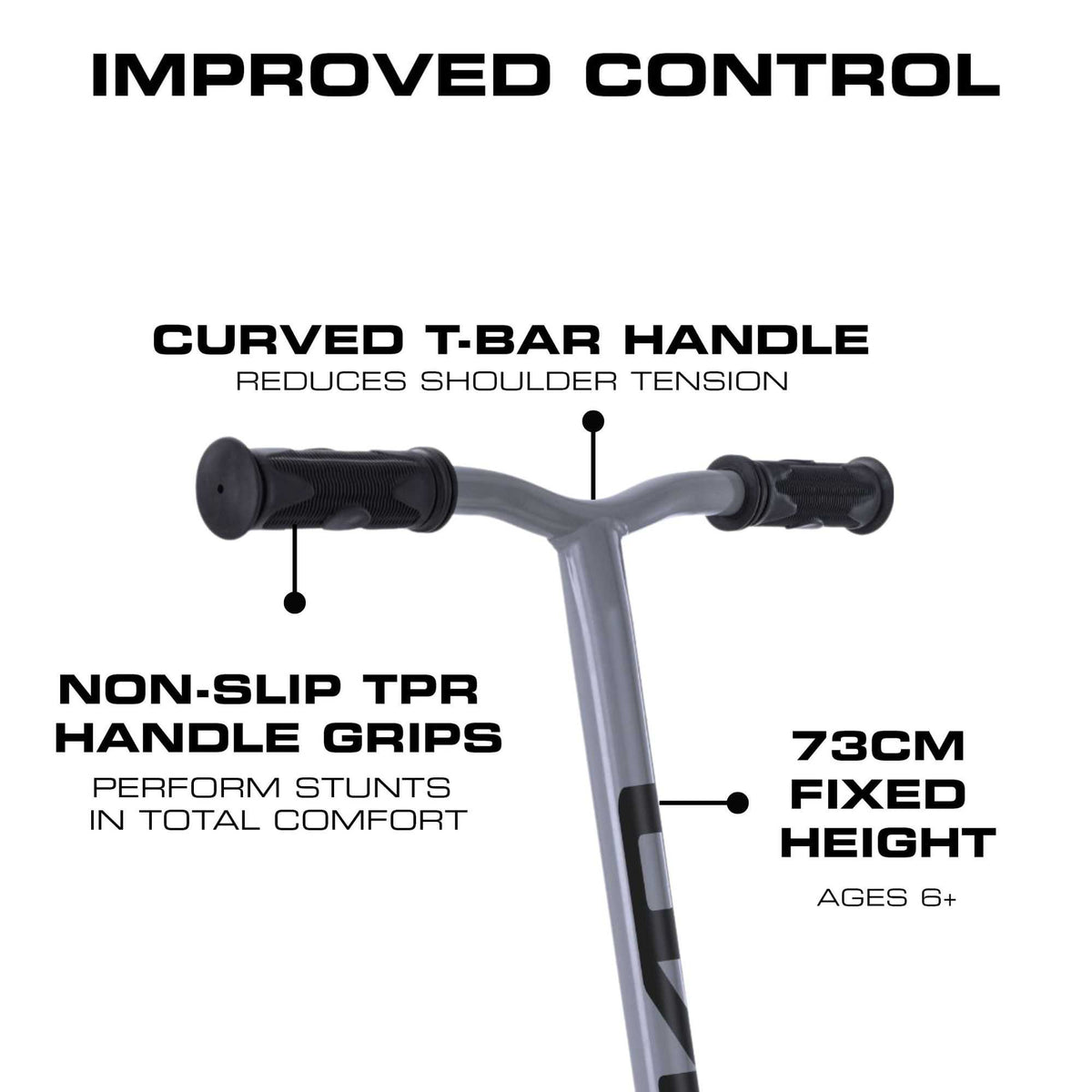 Children’s EVO Grey Viper Stunt Scooter with sleek grey finish, reinforced handlebars, non-slip deck, and high-traction wheels, designed for stunt riding and tricks. Features viper-inspired graphics and durable construction for performance at skateparks and streets.