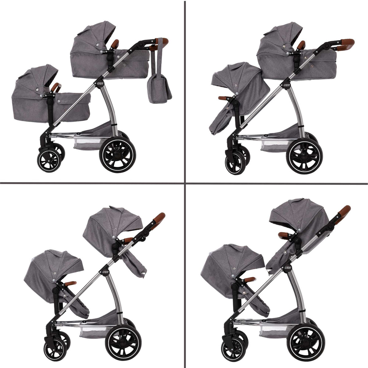 Mamas &amp; Papas Twin Elite Dolls Pram in stylish design with 9 play modes, including options for bassinet, Pushchairs and traditional pram setups, ideal for imaginative doll play.