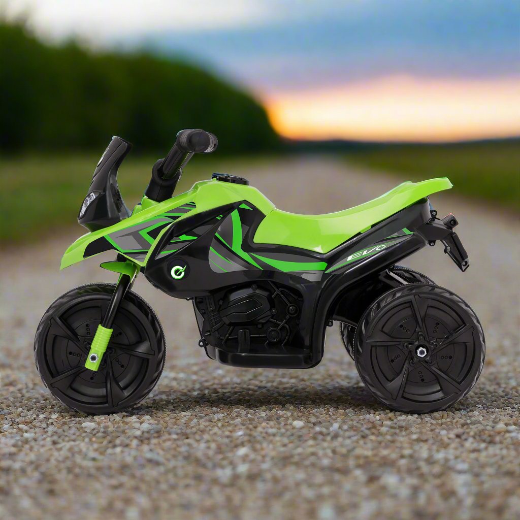 Battery-powered green and black EVO Venom Trike Ride-On for 2-year-olds, featuring a stable three-wheel design, ergonomic seat, and push-button acceleration for safe and thrilling outdoor adventures.