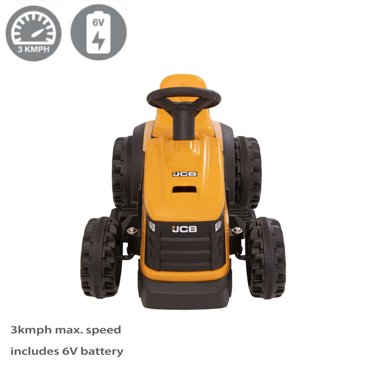 EVO JCB Battery Operated Tractor Ride-On for 2-year-olds, featuring a yellow and black JCB design, battery-powered operation, and a stable, comfortable ride for imaginative farm adventures.