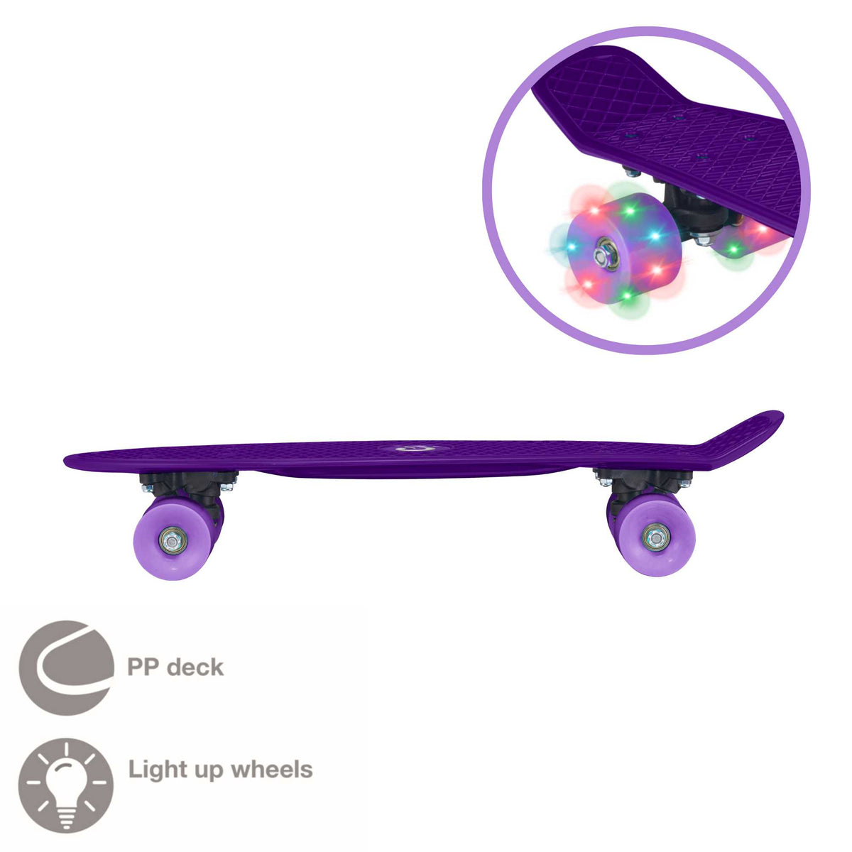 Children’s EVO 22-inch Penny Board in pink with light-up wheels, showcasing a compact design and vibrant retro style, perfect for young riders. The board features a textured grip surface and smooth, illuminated wheels that light up during movement. 