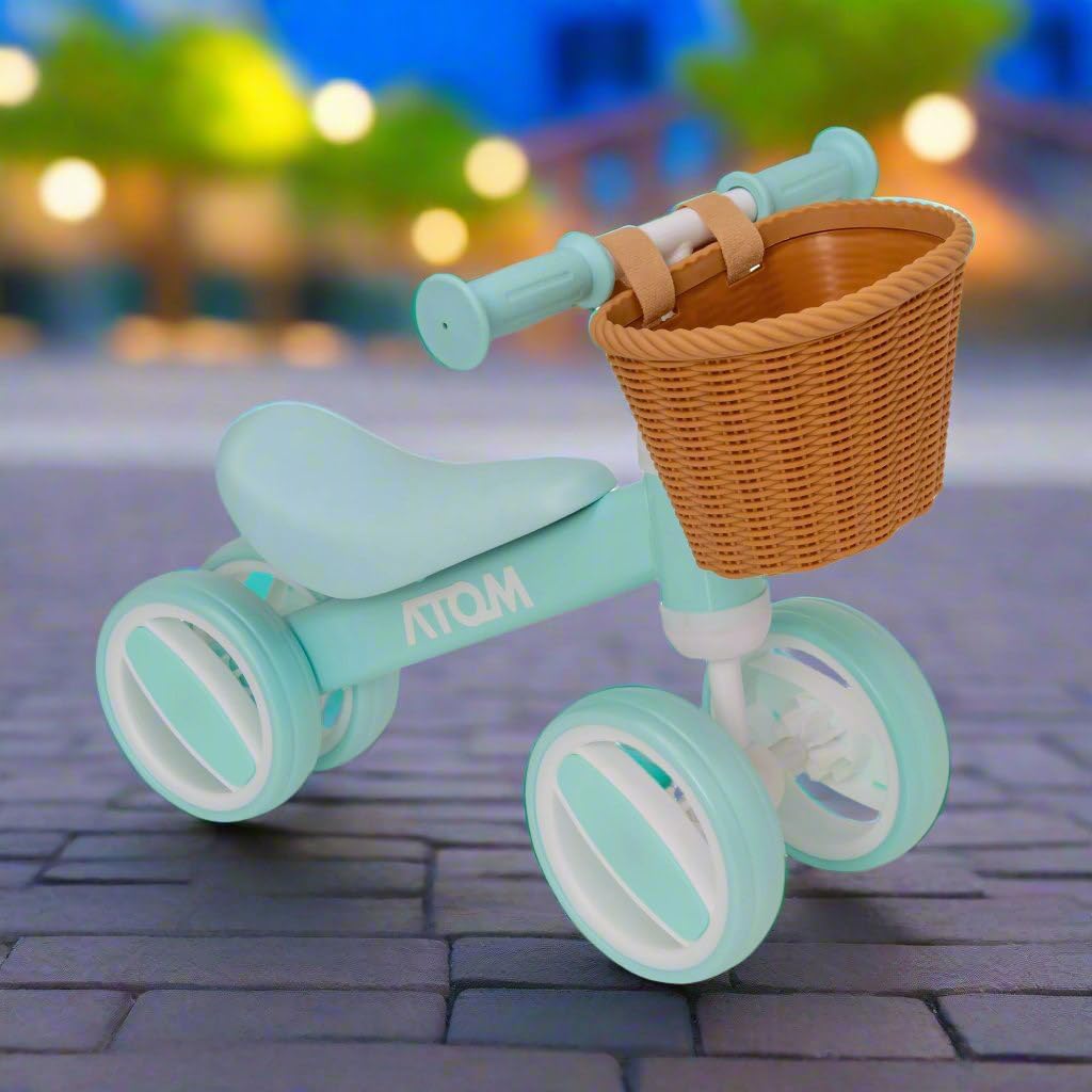 Atom Bobble Bike with Basket in Mint Green, charming children&#39;s bicycle with front basket. Perfect Balance Bike for training.