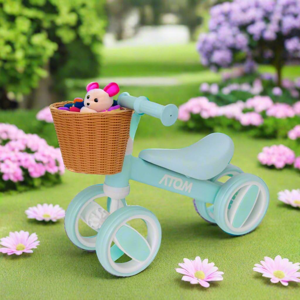 Atom Bobble Bike with Basket in Mint Green, charming children&#39;s bicycle with front basket. Perfect Balance Bike for training.