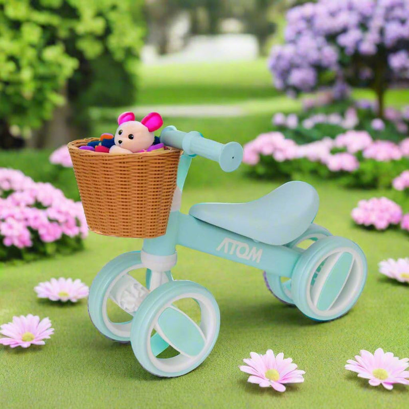 Atom Bobble Bike with Basket in Mint Green, charming children's bicycle with front basket. Perfect Balance Bike for training.