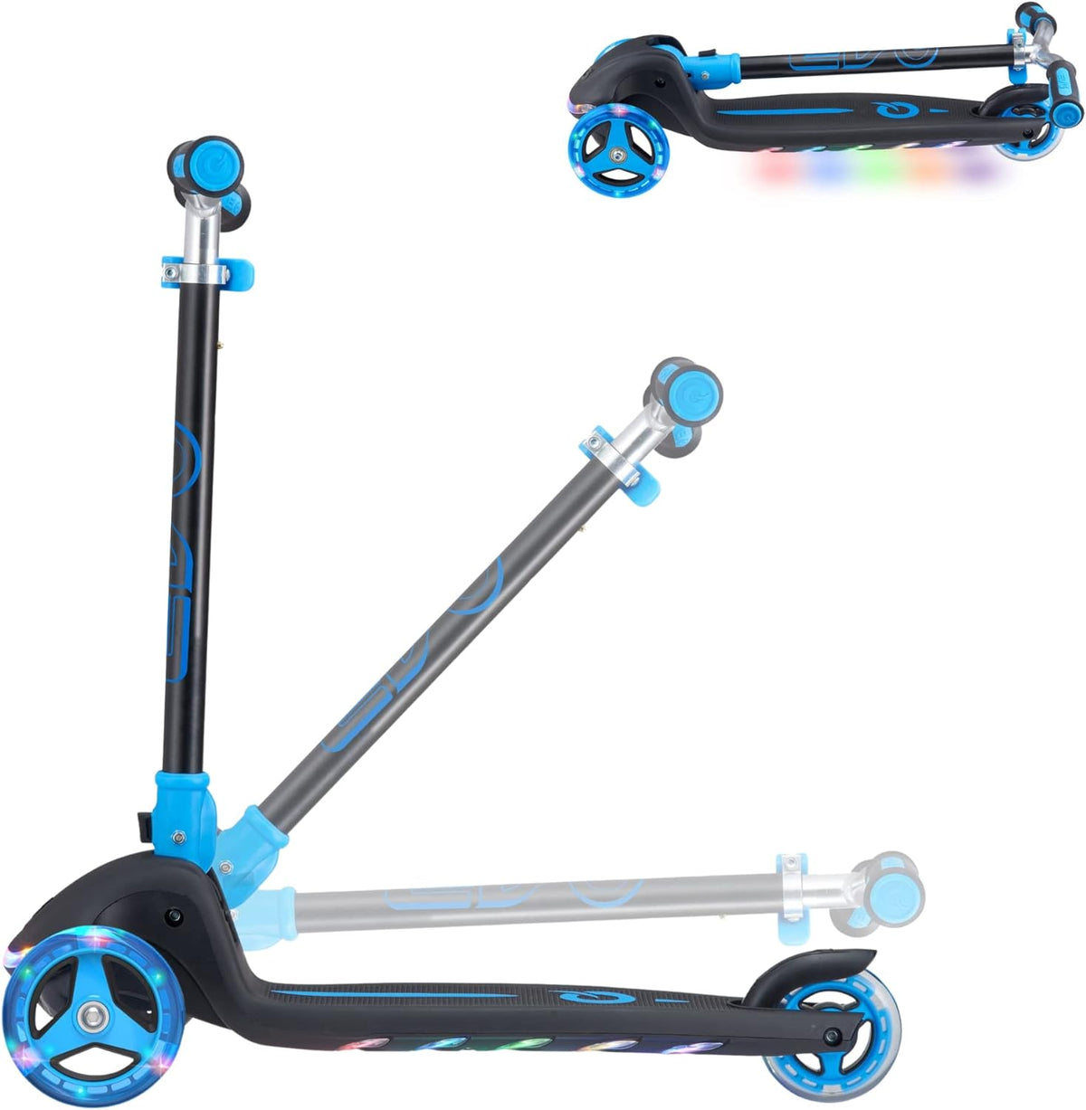 EVO Rainbow Blast Light-Up 3 Wheeled Scooter: Adjustable handle, foldable, black and blue. Kick scooter for kids 5+