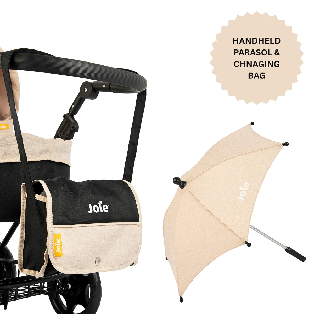 Joie Junior Classic Stone &amp; Black Pram - Includes Handheld Parasol &amp; Changing Bag Prams