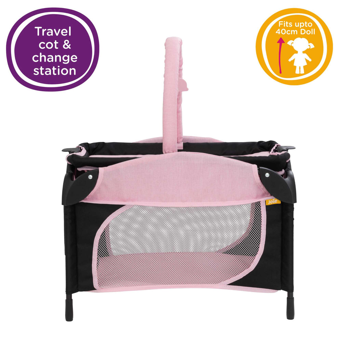 Joie Sleep &amp; Dream Dolls Travel Cot, a compact and foldable design in pink and grey, featuring breathable mesh sides and a sturdy frame, ideal for children to use for their dolls during playtime and travel