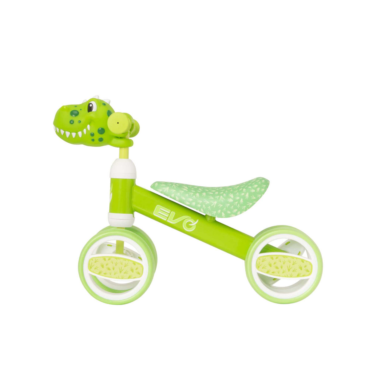 Fun and colourful EVO Character Heads Bobble Bike featuring adorable Unicorn and Dino designs for kids, perfect for teaching children balance and coordination.