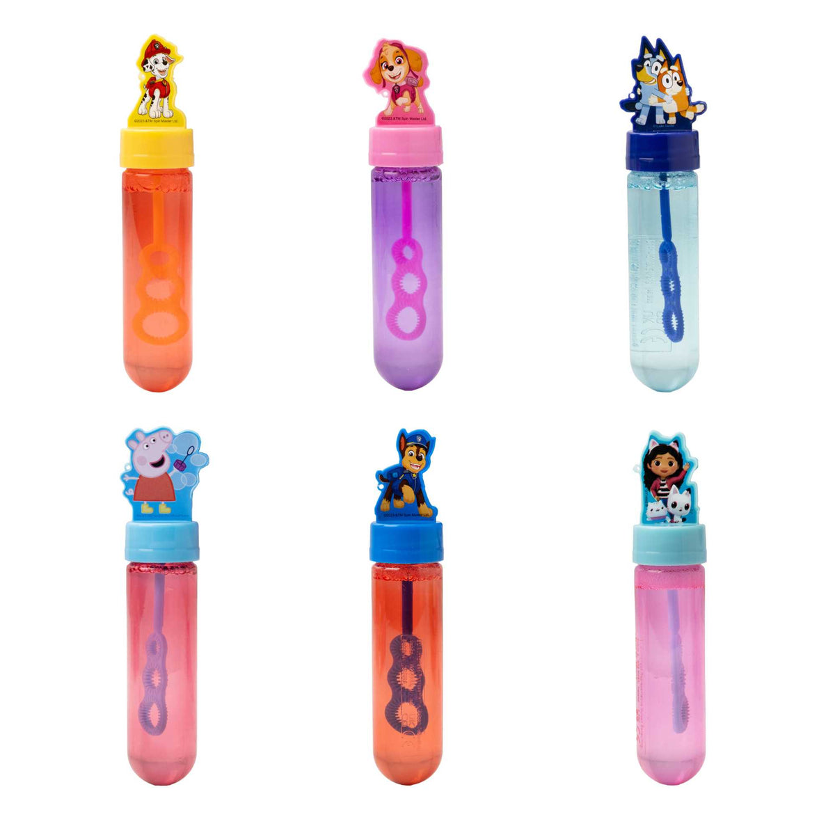 24-pack of bubble wands featuring Peppa Pig, Bluey, Chase, Skye, Marshall from Paw Patrol, and Gabby&#39;s Dollhouse characters, colorful bubble toys for kids&#39; parties, outdoor play, and party favors.