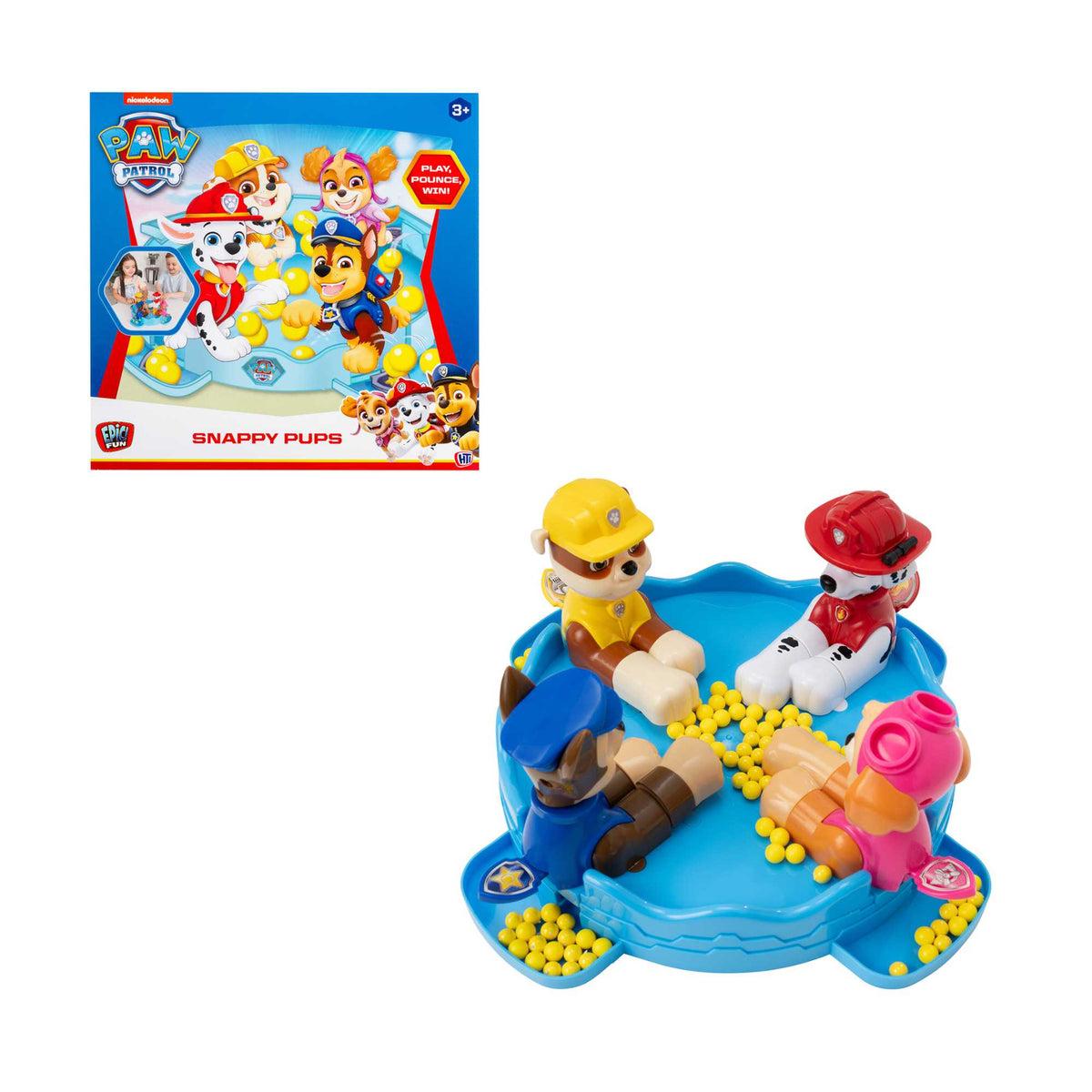 Paw Patrol Snappy Pups Family Game – Includes Chase, Skye, Marshall &amp; Rubble Figures, Fast-Paced Ball Catching Game for Kids, 2+ Players, Fun Paw Patrol Toy for Family Game Night