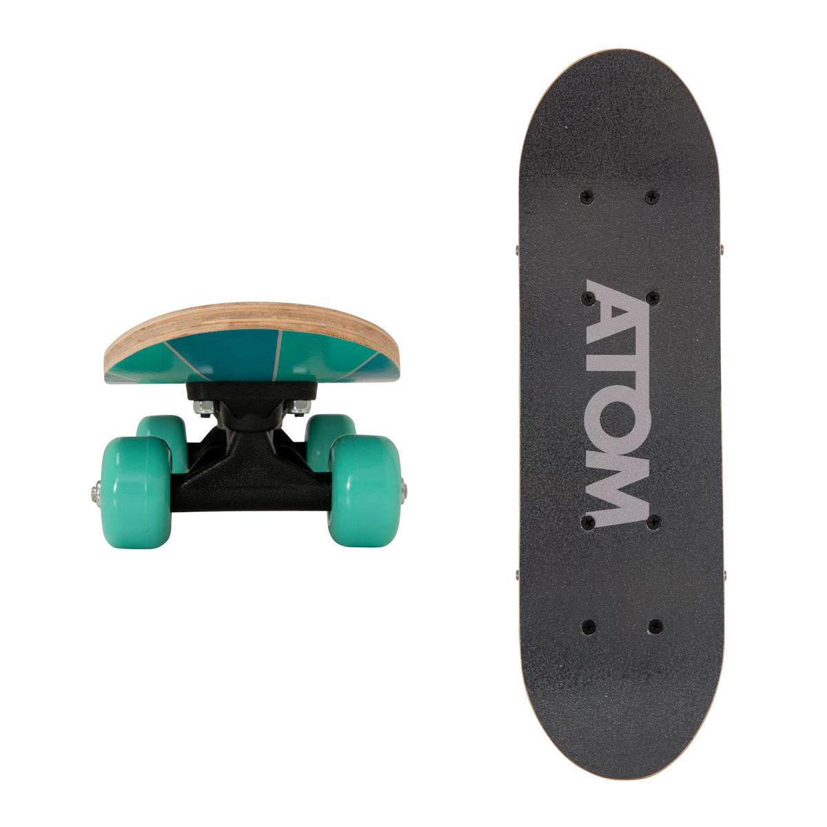 ATOM 17-inch Children&#39;s Skateboard with a vibrant graphic design, durable deck, and smooth-rolling wheels, ideal for young beginners learning to skateboard.