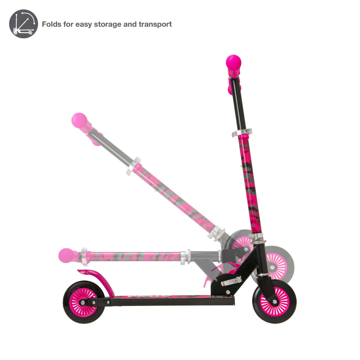 ATOM Inline 2-wheeled children&#39;s scooter in a stylish pink camouflage theme, featuring a durable design, eye-catching camouflage patterns, and a trendy look ideal for young riders