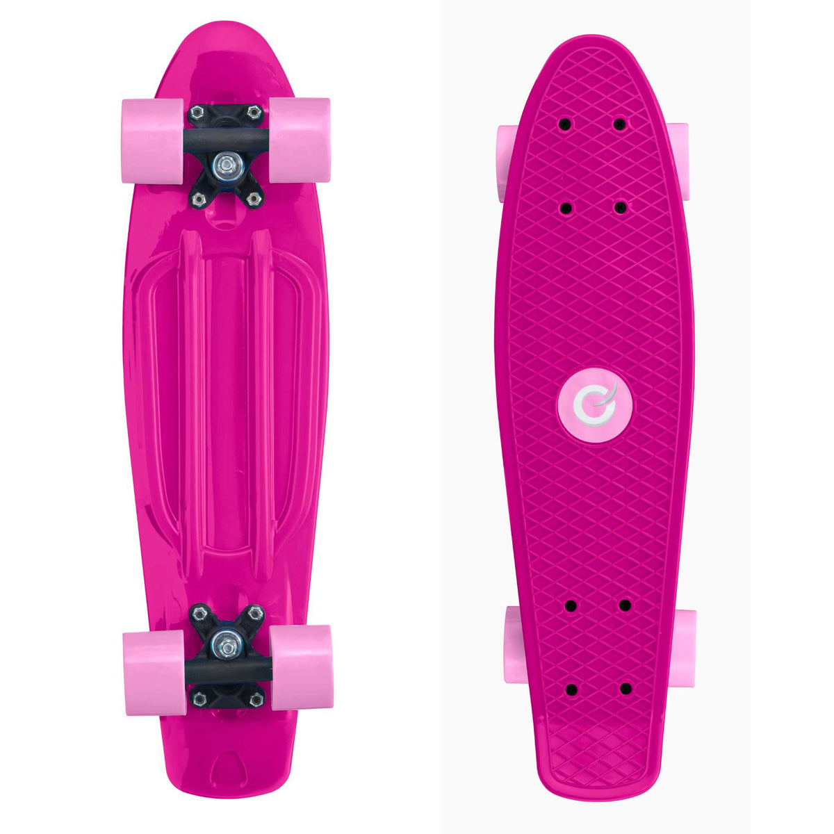 Children’s EVO 22-inch Penny Board in pink with light-up wheels, showcasing a compact design and vibrant retro style, perfect for young riders. The board features a textured grip surface and smooth, illuminated wheels that light up during movement.