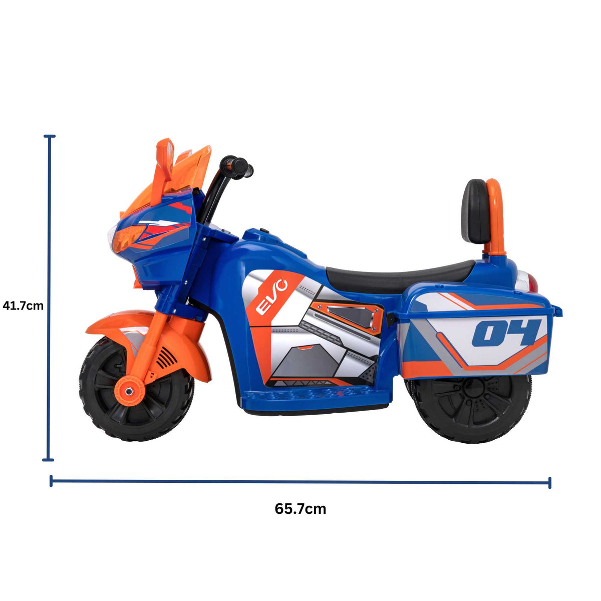 EVO Zoom Blue Sport Bike Ride On for ages 2+, featuring a vibrant blue colour, sporty design, sturdy frame, wide stable wheels, and easy-grip handles for safe and exciting outdoor play.