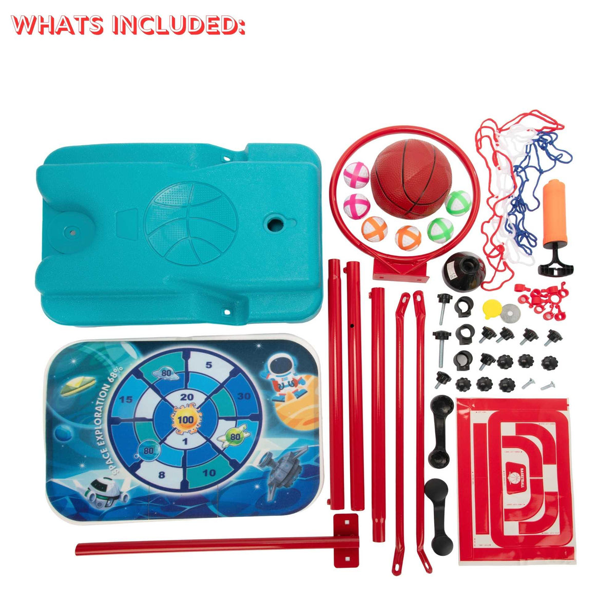 2-in-1 Kids Basketball Hoop Set with Adjustable Height, Sticky Dart Board, Velcro Darts, 3 Mini Balls, Ball Pump, and Water-Fillable Base for Indoor and Outdoor Play
