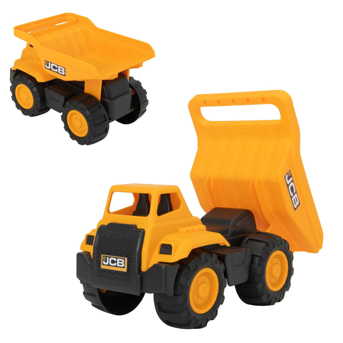 7-inch JCB Dump Truck Toy featuring realistic design, rugged wheels, and a functional dump bed, perfect for indoor and outdoor play for children.