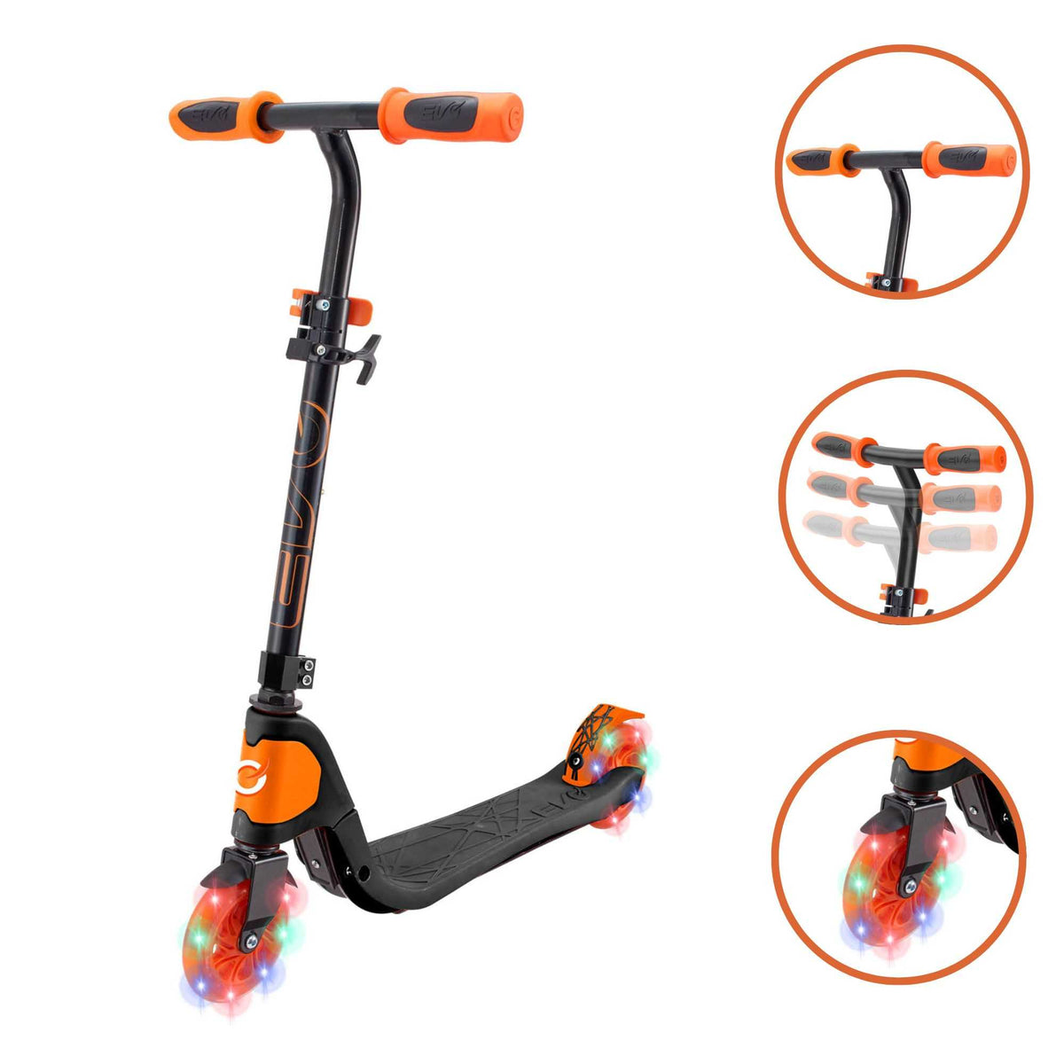 EVO Children&#39;s Light Up Light Speed Scooter for Kids Ages 5 and Up with LED Wheels and Adjustable Handlebar, perfect for enhancing motor skills and outdoor fun.