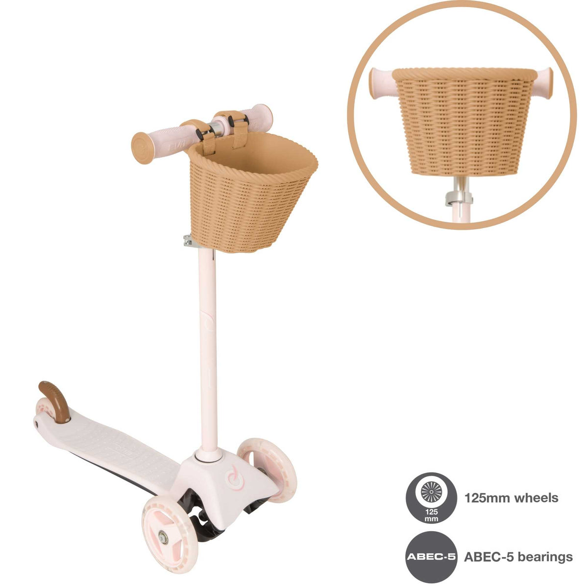 EVO Mini Cruiser Scooter with Basket, featuring a stable three-wheel design, adjustable handlebars, and lightweight, durable construction, perfect for young children’s outdoor adventures.