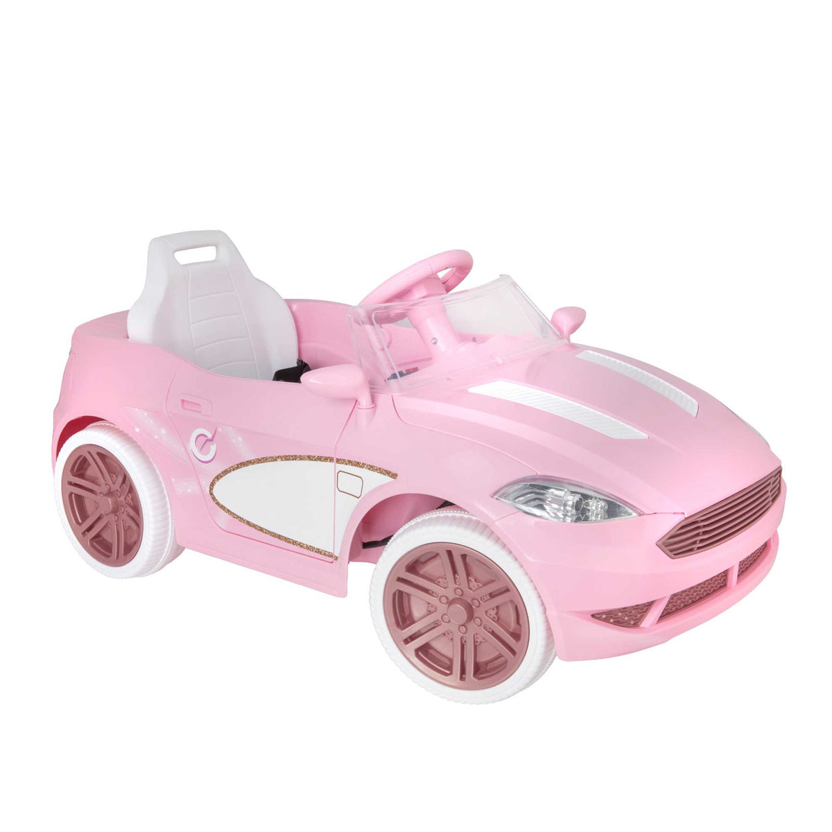 Pink EVO Dream Coupe Car Ride-On Toy for children aged 3+, featuring pedal-driven forward and reverse motion, working headlights, and authentic engine and horn sounds