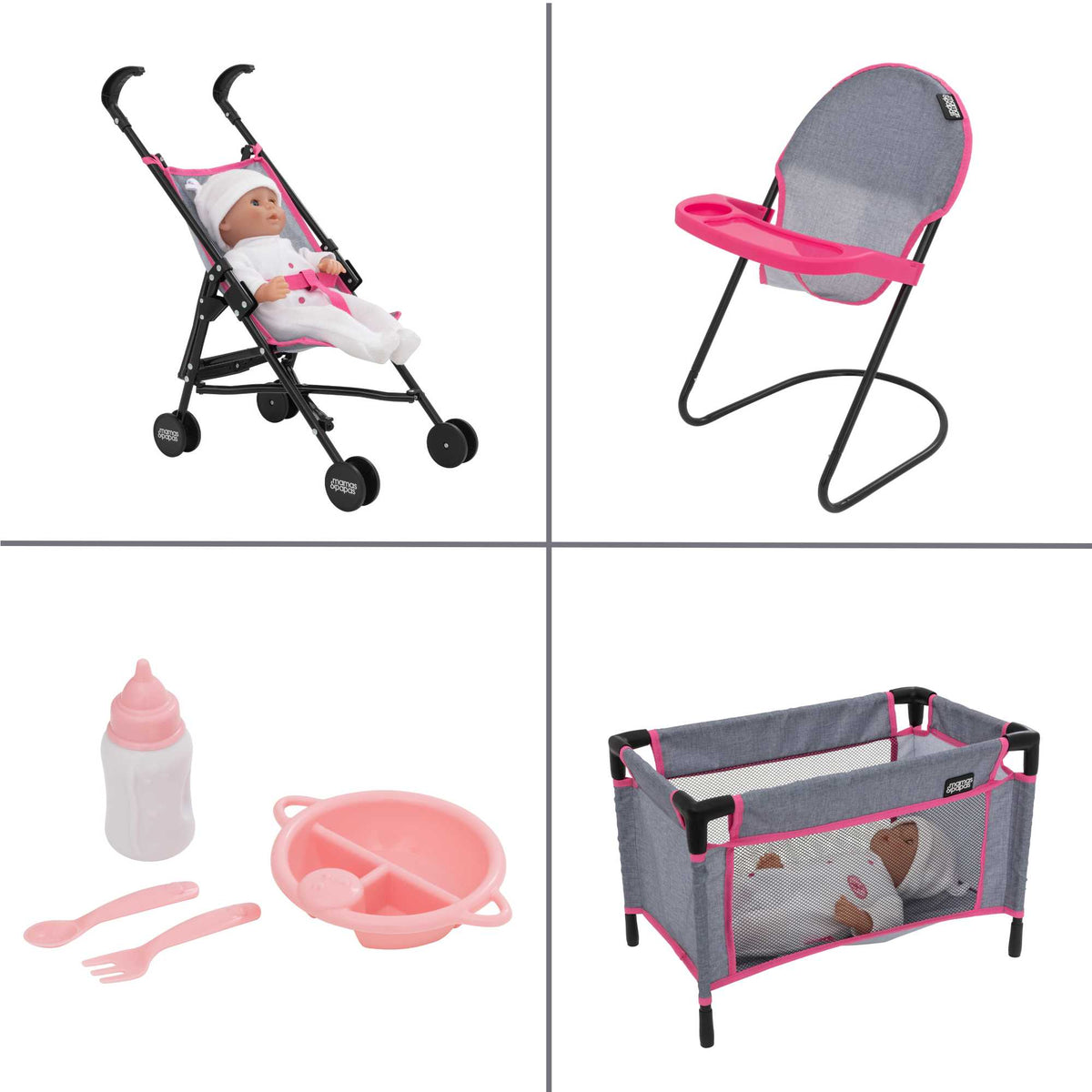 Mamas &amp; Papas Dolls Nursery Playset featuring a variety of accessories for imaginative play, including a crib, high chair, and accessories, perfect for nurturing pretend play with dolls.