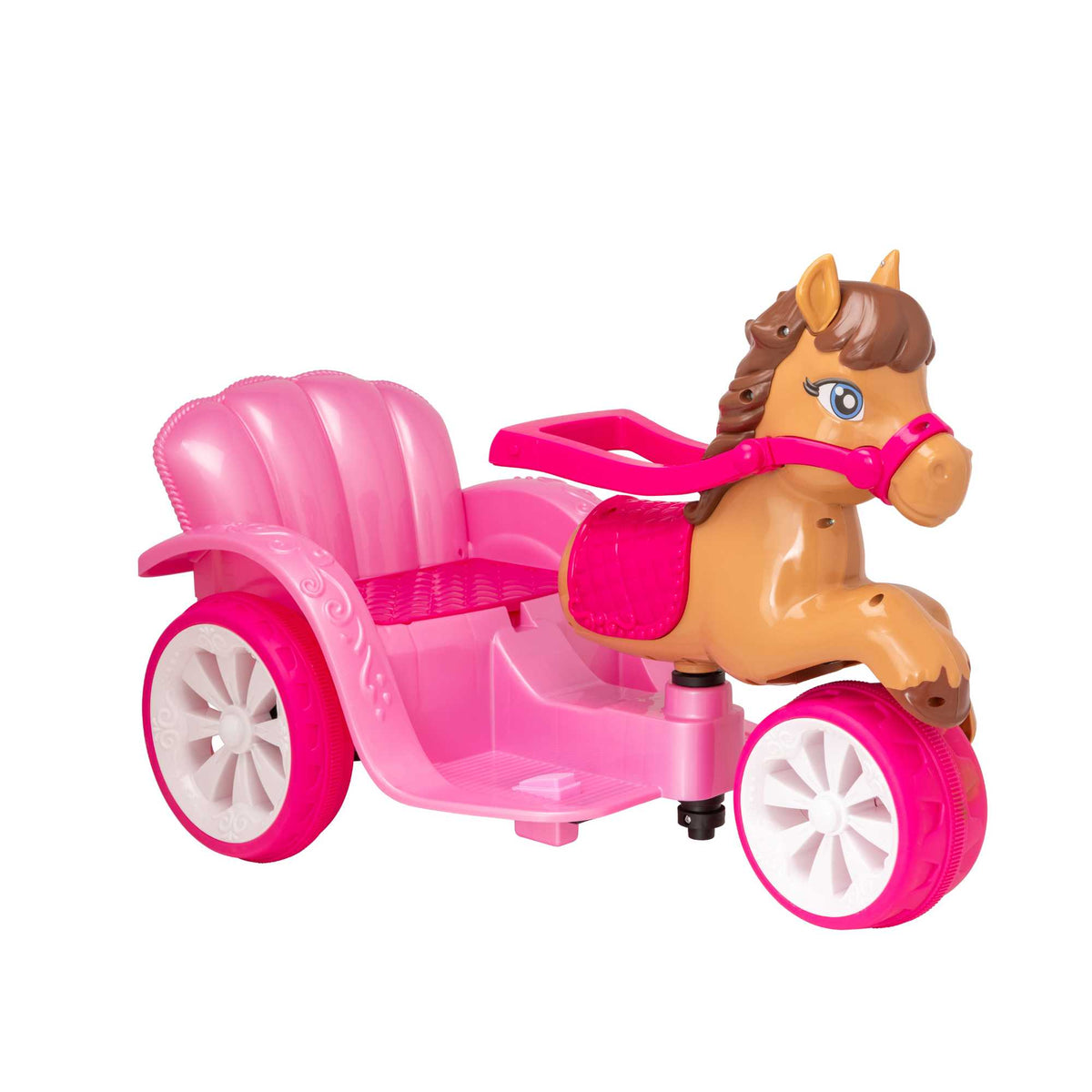 A whimsical EVO Electric Pony Carriage Ride-On Toy. The toy is shown in an outdoor garden setting, highlighting its enchanting design and sturdy construction.