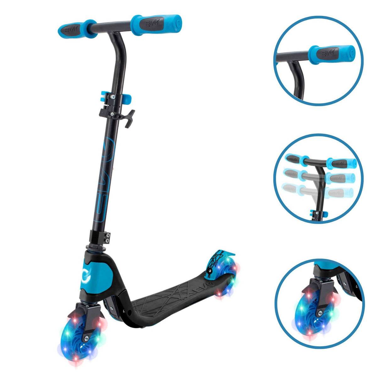 EVO Children&#39;s Light Up Light Speed Scooter for Kids Ages 5 and Up with LED Wheels and Adjustable Handlebar, perfect for enhancing motor skills and outdoor fun.