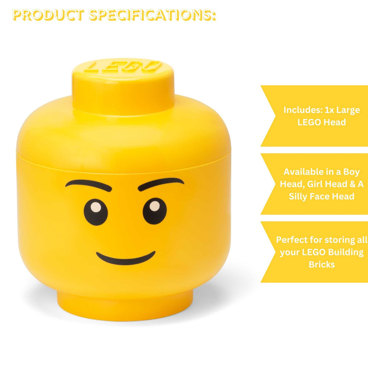 Large LEGO Storage Head – Yellow stackable container shaped like a classic LEGO minifigure head with removable lid, ideal for organizing bricks, toys, and accessories in kids&#39; rooms or play areas.