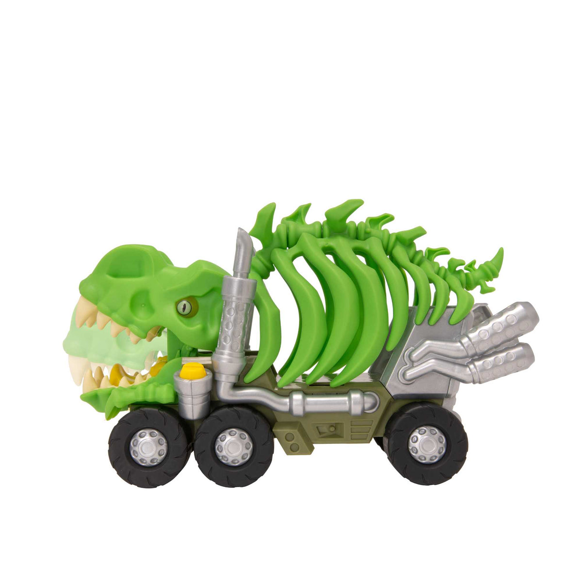 Teamsterz Beast Machine T-Rex Rib Cage Car Transporter Toy with light-up yellow eyes, chomping jaw, rear ramp, and car-holding rib cage.